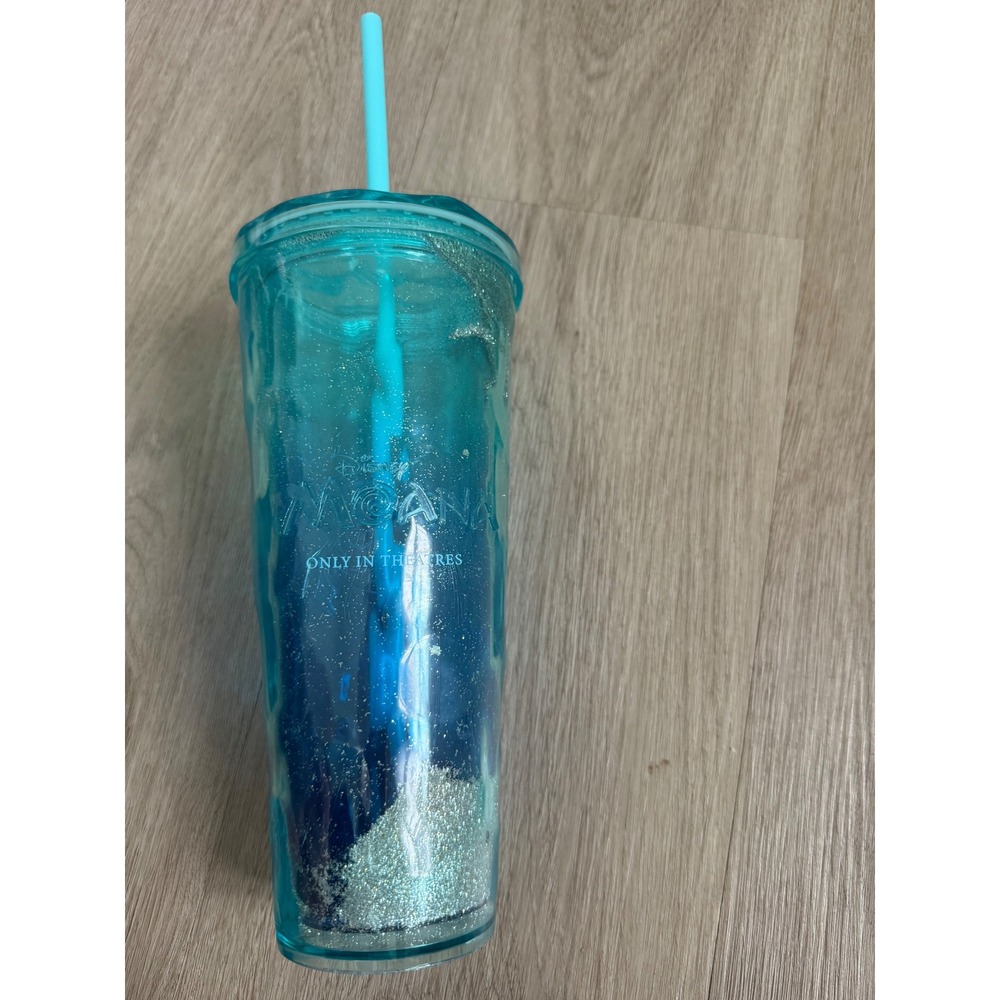 Disney Moana Movie Promo Glitter Tumbler Teal Blue Acrylic Cold Cup with Straw